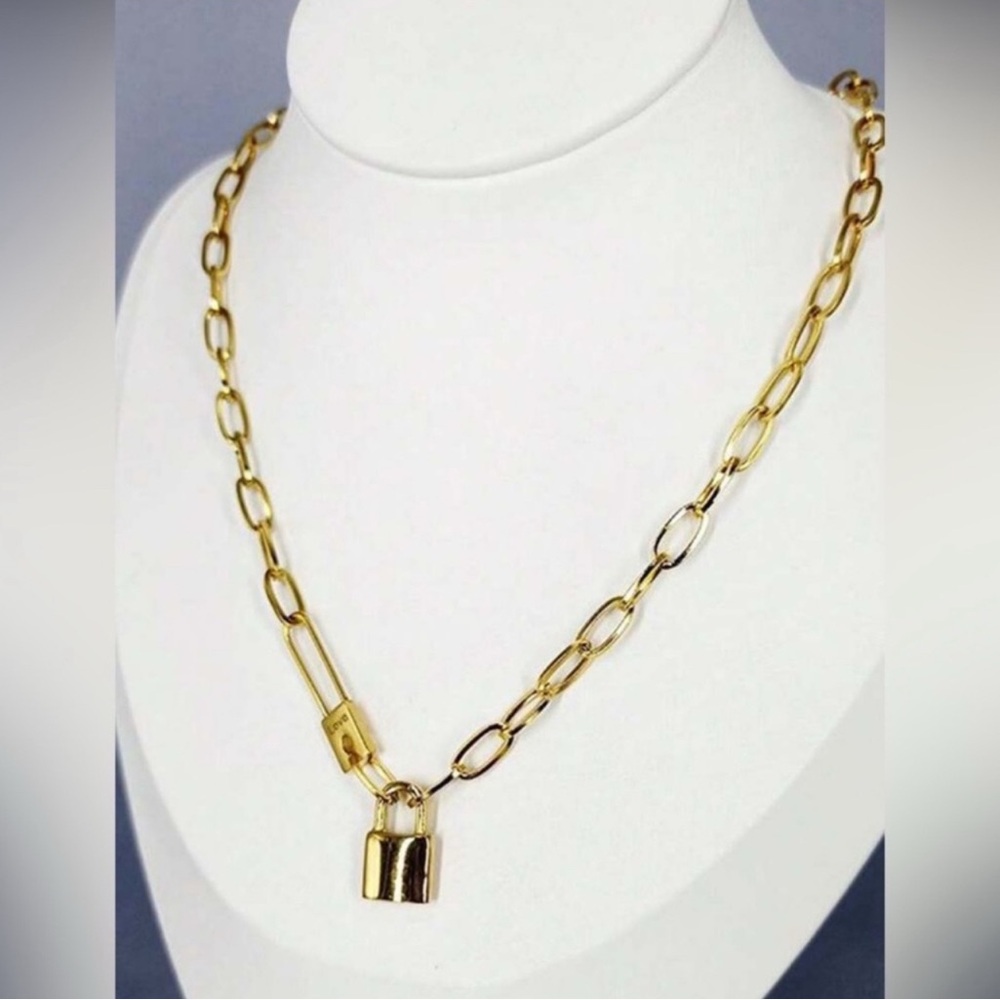 Gold Plated Stainless Steel Lock Pendant Necklace | Chunky Paperclip Chain - Picture 2 of 2